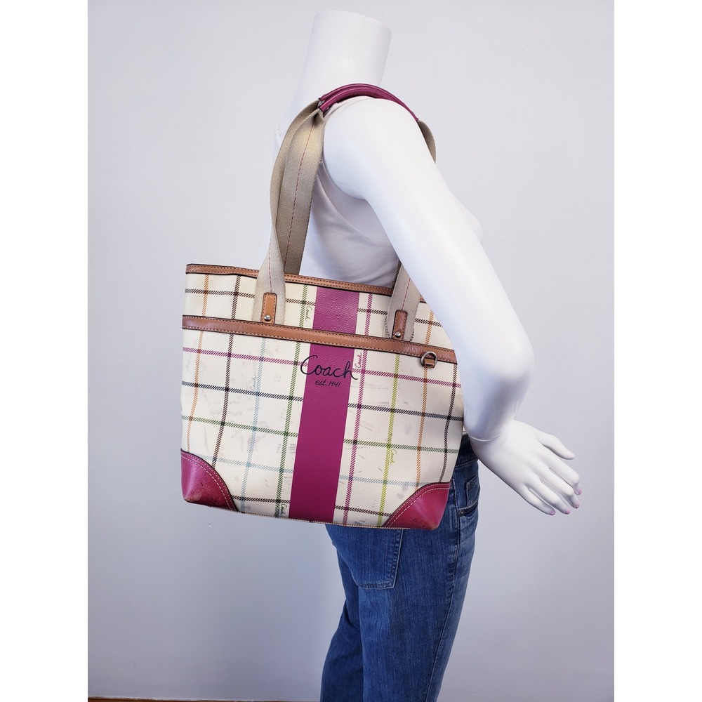 Coach Heritage Plaid Stripe Tattersall Tote Bag Purse Pink Plaid F14790